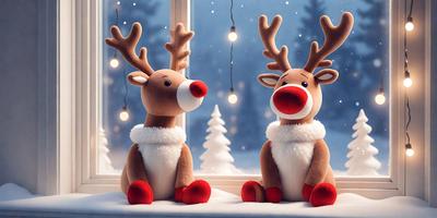 The primary subject of the image is a pair of stuffed reindeer toys, which are positioned in front of a window. The setting is a snowy environment, with the toys sitting on a snow-covered surface. The visual style is a combination of photo and digital art, creating a realistic and festive atmosphere. The colors and mood are predominantly white and red, with the red noses of the reindeer adding a touch of warmth and cheerfulness to the scene.